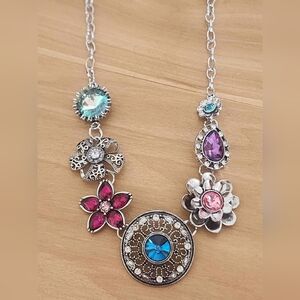 Floral Multi-Gem Statement Necklace Set - Silver with Pink, Purple & Blue Gems